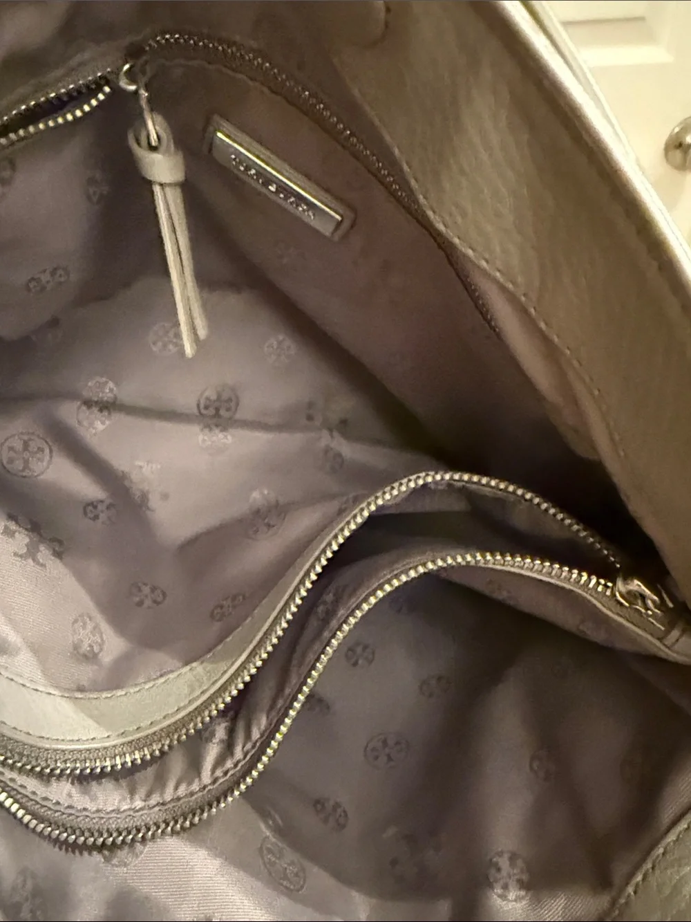 Tory Burch Taupe Pebbled Leather Shoulder Tote with Silver Chain